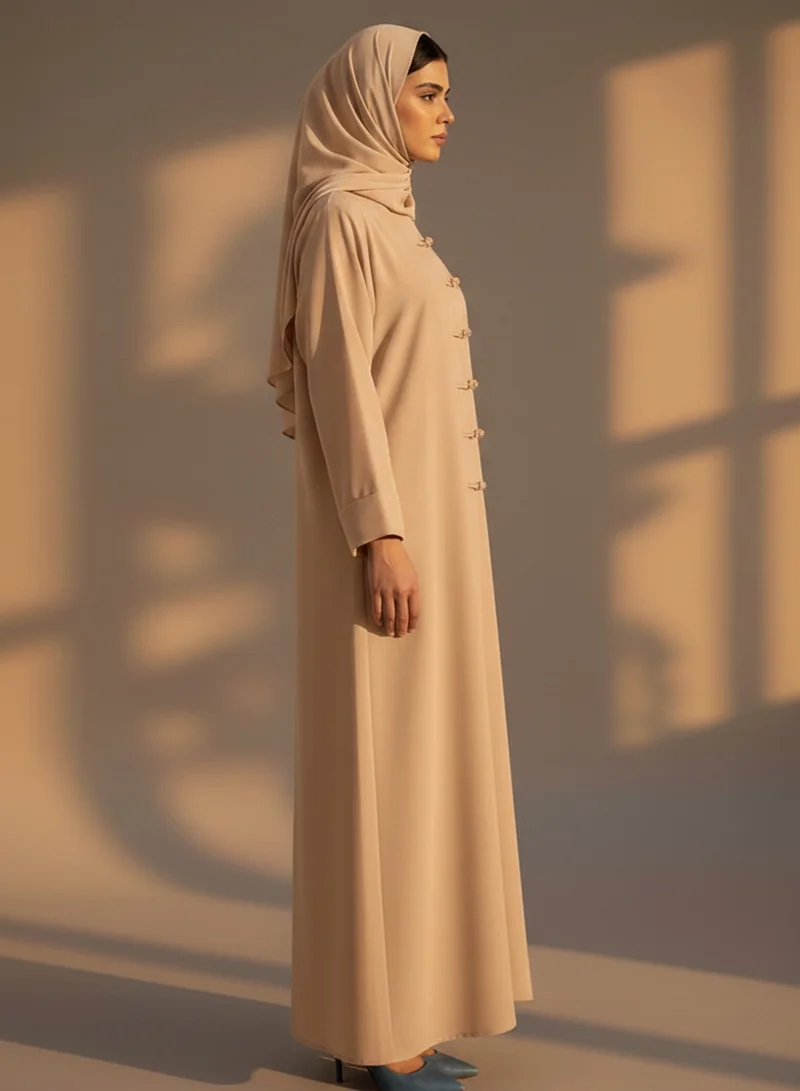 مويستريت Beige Korean Nida Abaya with Matching Headscarf & Knot Button Detail