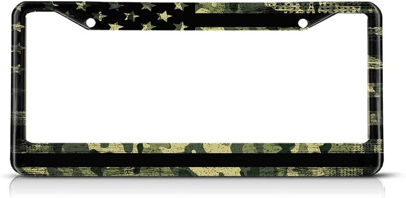 Beabes American Flag License Plate Frame Auto Tag Frames Green Camo License Plates Holder 2 Holes Stars Patriot Grunge Style Decorative Car Truck Motorcycle License Plates Cover Tag for Men Women - Image 1
