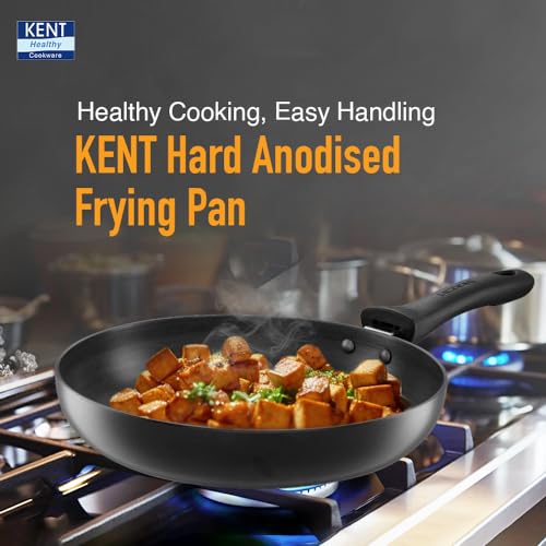 KENT Hard Anodised Frying Pan 22 CM | 1.4L | Non-Reactive, Toxic & Staining Food Grade Surface | 3.25mm Thick Base for Uniform Heating | Cool Touch Bakelite Handle | Induction Friendly, Black - Image 2