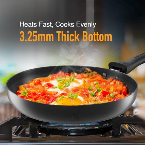 KENT Hard Anodised Frying Pan 22 CM | 1.4L | Non-Reactive, Toxic & Staining Food Grade Surface | 3.25mm Thick Base for Uniform Heating | Cool Touch Bakelite Handle | Induction Friendly, Black - Image 4