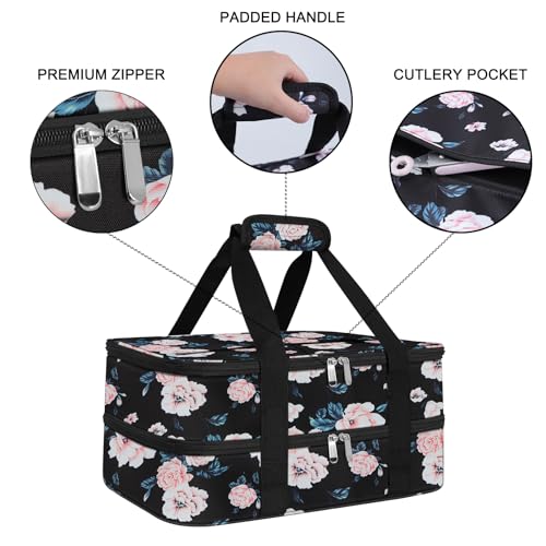 esouler Double Insulated Casserole Carrier Bag Hot & Cold Food Carrier Bag Lasagna Holder Lunch Bag for Picnics, Parties, Travel, Fits 9 x 13 Inches Casserole Dish-Flower - Image 3