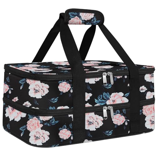 esouler Double Insulated Casserole Carrier Bag Hot & Cold Food Carrier Bag Lasagna Holder Lunch Bag for Picnics, Parties, Travel, Fits 9 x 13 Inches Casserole Dish-Flower - Image 1