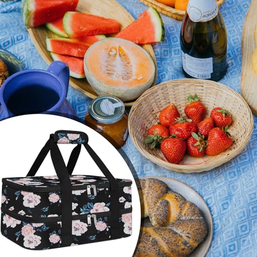 esouler Double Insulated Casserole Carrier Bag Hot & Cold Food Carrier Bag Lasagna Holder Lunch Bag for Picnics, Parties, Travel, Fits 9 x 13 Inches Casserole Dish-Flower - Image 5