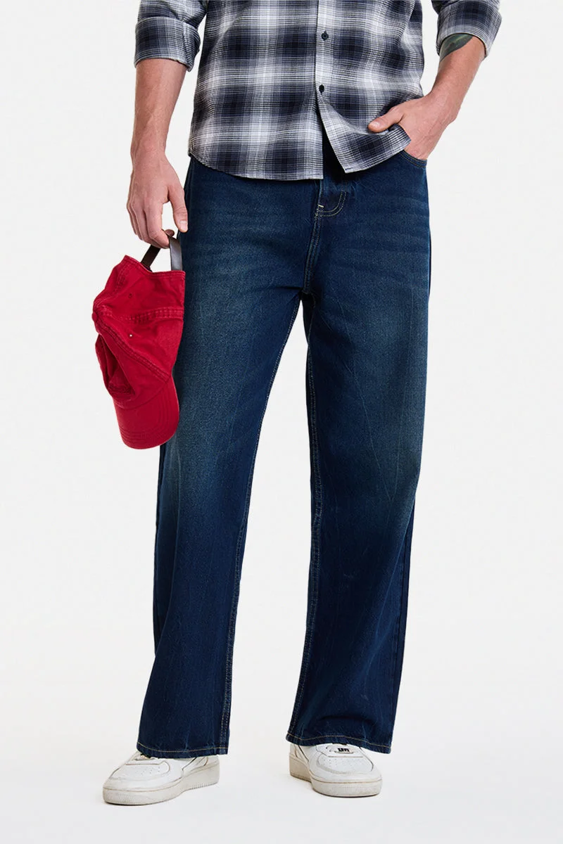 SNITCH Dark Blue Solid Wide Leg Streetwear Jeans