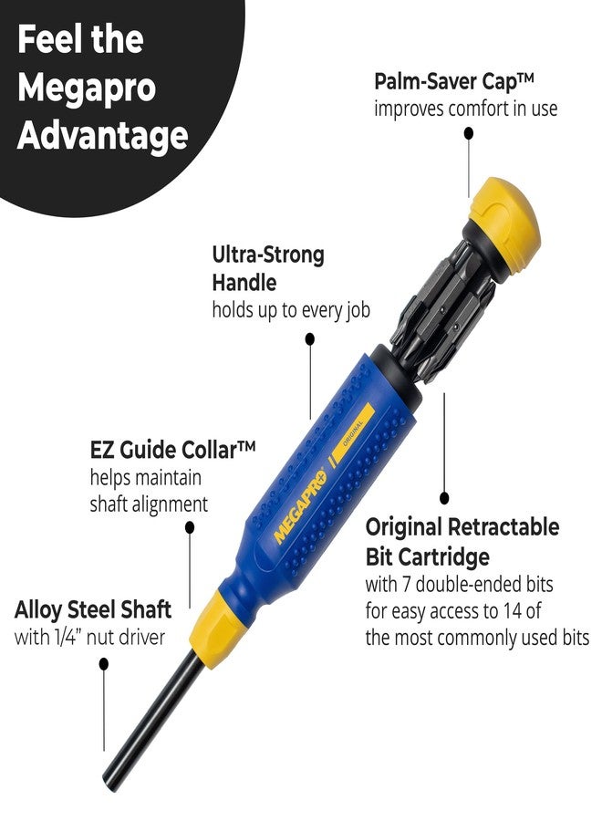 Megapro مفك براغي ميجابرو® الأصلي متعدد الرؤوس ١٥ في ١ | أعمال يدوية منزلية وإصلاحات | أعمال بناء | أعمال حرفية | ١٤ رأسًا صناعيًا | عمود سداسي بقطر ١/٤ بوصة (أصلي) - Image 3