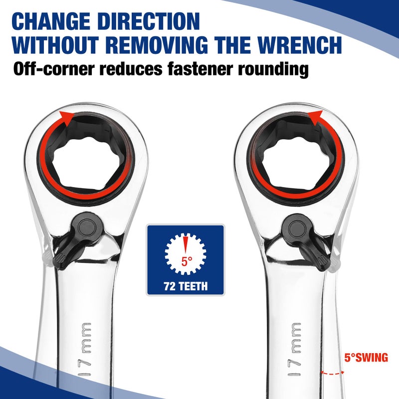 WORKPRO 7-Piece 3-in-1 Reversible Ratchet Wrench Set, Metric 8mm to 17mm, 6PT & 12PT & Open-End Wrenches, 72-Teeth Ratcheting Combination Wrench with Rolling Pouch - Image 5