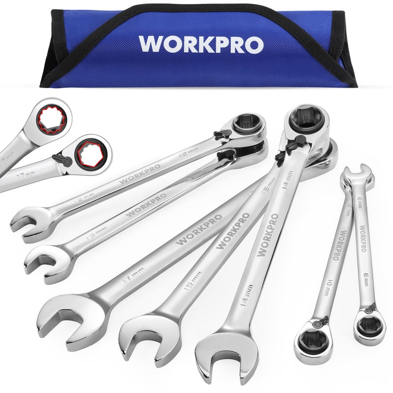 WORKPRO 7-Piece 3-in-1 Reversible Ratchet Wrench Set, Metric 8mm to 17mm, 6PT & 12PT & Open-End Wrenches, 72-Teeth Ratcheting Combination Wrench with Rolling Pouch - Image 1