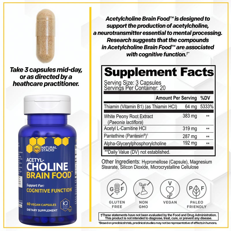Natural Stacks Acetylcholine Brain Food - Acetyl L-Carnitine & Alpha GPC Supplement - Supports Production of Acetylcholine - Neurotransmitter Supplement for Cognitive Function - 60 Capsules - Image 3