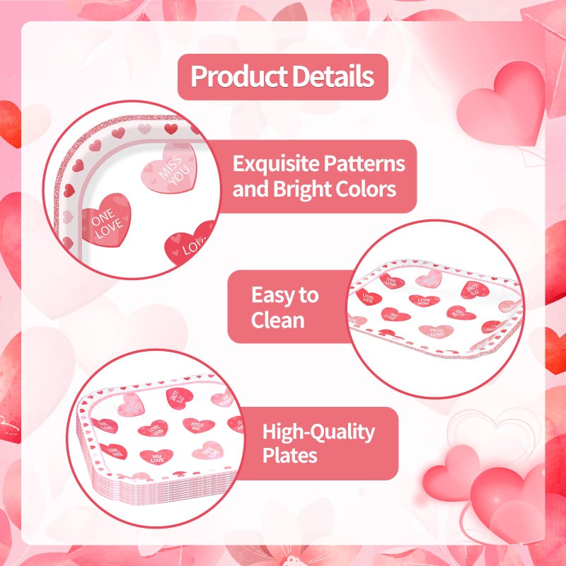 Photken 24 Pieces Valentineâ€™s Day Paper Plates â€“ 7 Inch Pink and Red Heart Message Square Disposable Dessert Plates for Valentineâ€™s Parties, Weddings, Anniversaries, and Romantic Dinners - Image 3