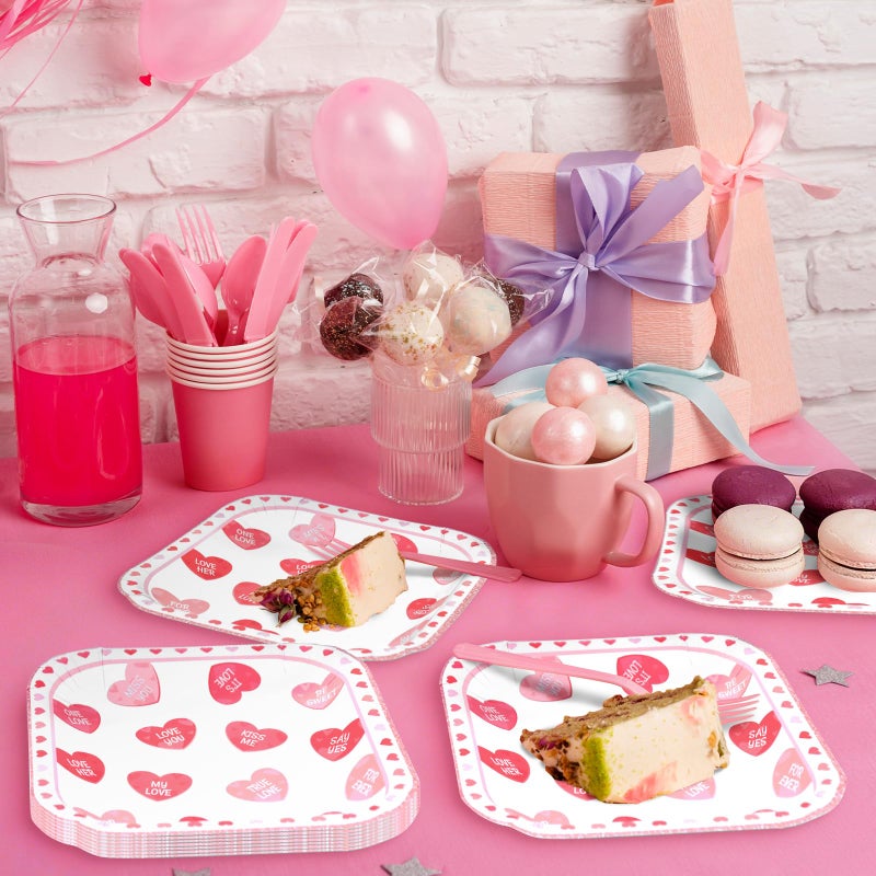 Photken 24 Pieces Valentineâ€™s Day Paper Plates â€“ 7 Inch Pink and Red Heart Message Square Disposable Dessert Plates for Valentineâ€™s Parties, Weddings, Anniversaries, and Romantic Dinners - Image 5
