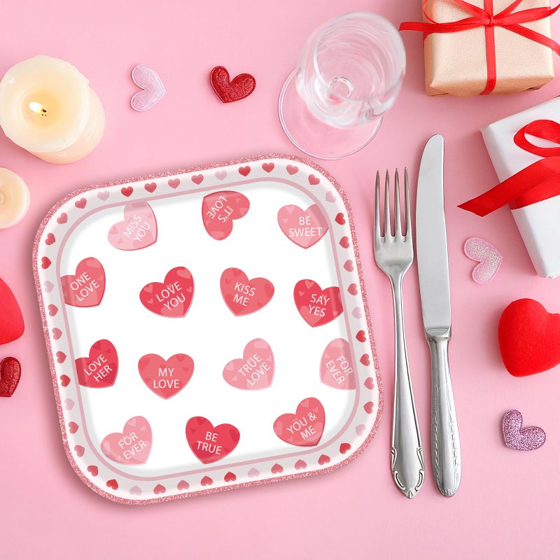 Photken 24 Pieces Valentineâ€™s Day Paper Plates â€“ 7 Inch Pink and Red Heart Message Square Disposable Dessert Plates for Valentineâ€™s Parties, Weddings, Anniversaries, and Romantic Dinners - Image 4