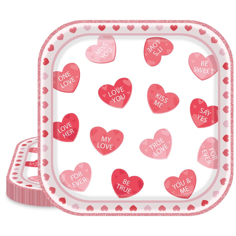 Photken 24 Pieces Valentineâ€™s Day Paper Plates â€“ 7 Inch Pink and Red Heart Message Square Disposable Dessert Plates for Valentineâ€™s Parties, Weddings, Anniversaries, and Romantic Dinners - Image 1