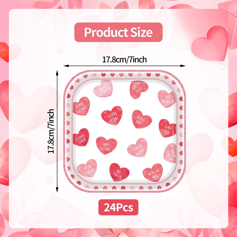 Photken 24 Pieces Valentineâ€™s Day Paper Plates â€“ 7 Inch Pink and Red Heart Message Square Disposable Dessert Plates for Valentineâ€™s Parties, Weddings, Anniversaries, and Romantic Dinners - Image 2