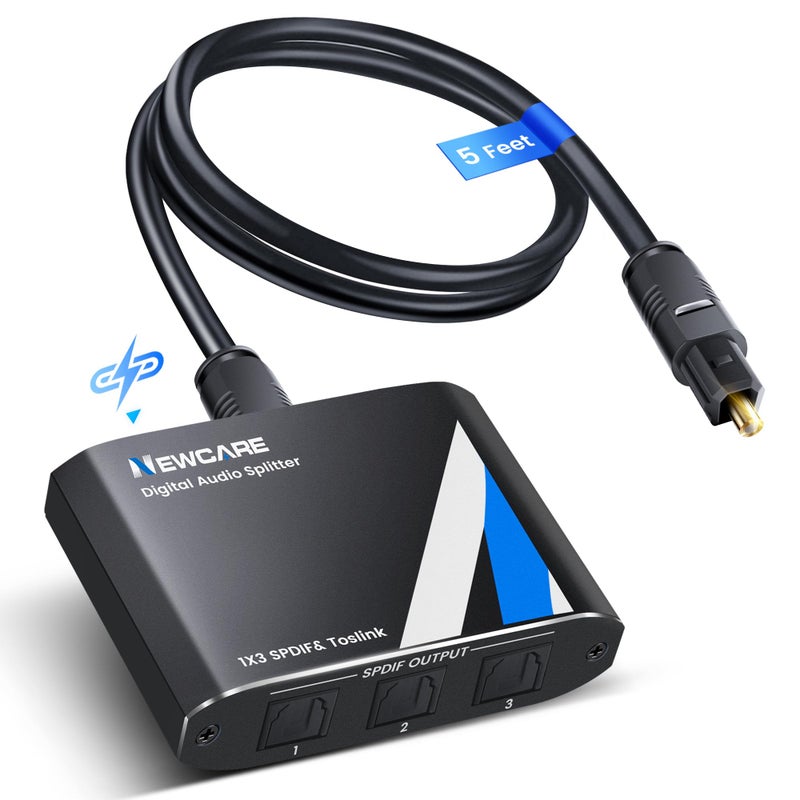 NEWCARE Optical Audio Splitter 1 in 3 Out,SPDIF Toslink Digital Optical Audio Cable Splitter 1x3 Support LPCM2.0 Doldy Digital & DTS 5.1 for Xbox,PS4,DVD,TV Box,Home Theatre, Receiver,Sound Bar - Image 1