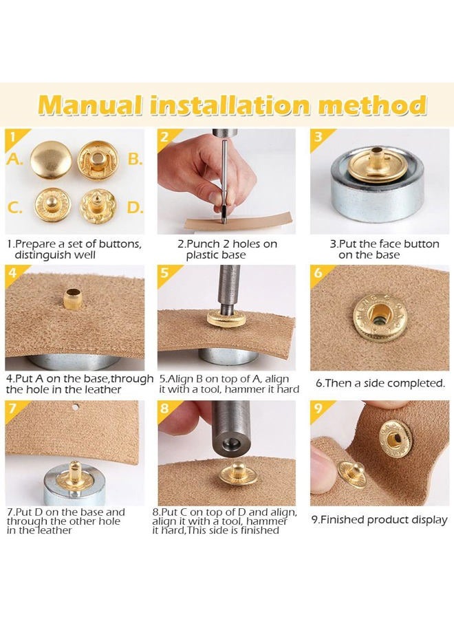 PECMER 50 Sets Snap Fasteners Kit 10mm Metal Snap Buttons Kit Leather Fasteners for Craft Sewing Clothes Leather Bracelets Belt Jackets Bags -200 Pcs Pale Gold - Image 4