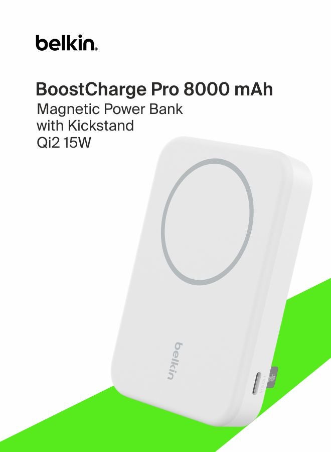 belkin BoostCharge Pro Wireless Power Bank 8000mAh with Qi2, MagSafe Compatible Portable Charger + Built-in Pop-up Kickstand - For iPhone 16, 16 Plus, 16 Pro, 16 Pro Max, iPhone 15, and More - White White - Image 1