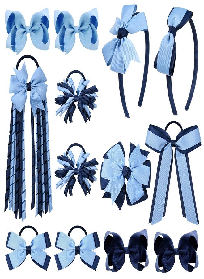 DEEKA Light Blue & Navy School Hair Accessories Set 13 Pcs Uniform Hair Bow Headband Clips Hair Ties Curly Korker Bows for Little Toddler School Girls (Light Blue&Navy) - Image 1
