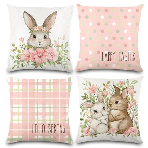YUJUN 4 Pack Easter Spring Pillow Covers 18x18in Buffalo Plaid Farmhouse Rabbit Bunny Flower Easter Throw Pillows Couch Decor - Image 1