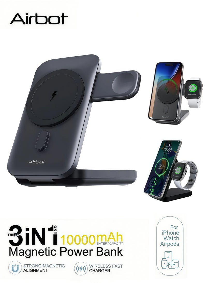 آيربوت بنك طاقة لاسلكي مغناطيسي 3 في 1 من Airbot بسعة 10000 مللي أمبير في الساعة، للهواتف الذكية التي تدعم الشحن اللاسلكي وiWatch، كما يدعم الشحن السلكي، ويعمل أيضًا كحامل، وبنك طاقة محمول للسفر وفي أي مكان - Image 1