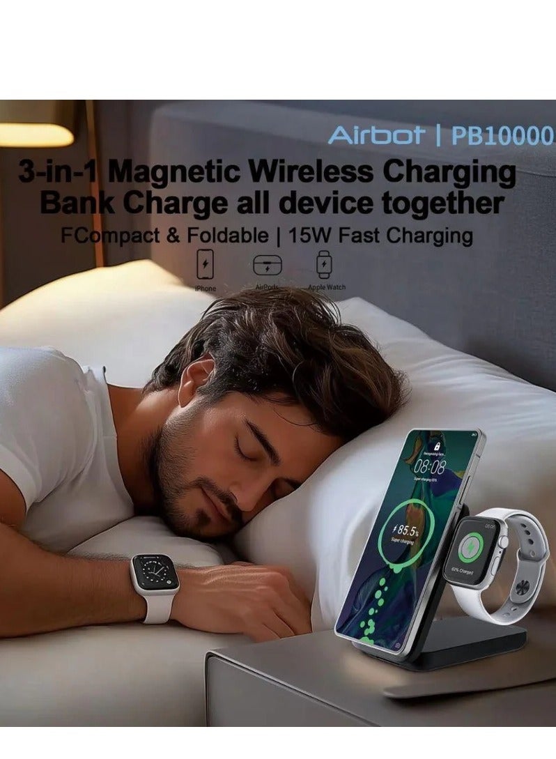 آيربوت بنك طاقة لاسلكي مغناطيسي 3 في 1 من Airbot بسعة 10000 مللي أمبير في الساعة، للهواتف الذكية التي تدعم الشحن اللاسلكي وiWatch، كما يدعم الشحن السلكي، ويعمل أيضًا كحامل، وبنك طاقة محمول للسفر وفي أي مكان - Image 3