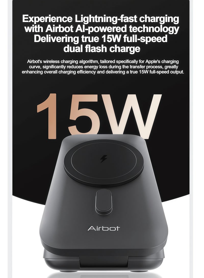 آيربوت بنك طاقة لاسلكي مغناطيسي 3 في 1 من Airbot بسعة 10000 مللي أمبير في الساعة، للهواتف الذكية التي تدعم الشحن اللاسلكي وiWatch، كما يدعم الشحن السلكي، ويعمل أيضًا كحامل، وبنك طاقة محمول للسفر وفي أي مكان - Image 2
