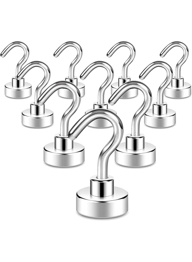 promass Pack of 10 Silver Magnetic Hooks for Fridge, 22 lb+ Strong Magnet Hooks for Hanging, Heavy Duty Neodymium Magnets with Hooks for Cruise, Bathroom, Kitchen, Garage, Doors, Lockers - Image 1