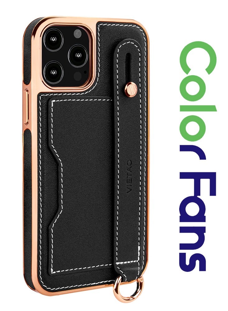 Color Fans Luxury Leather Hand Strap Card Slot Case Compatible with iPhone 12 Pro Max 6.7 inch with Shockproof Kickstand Lanyard Cover Black/Gold  - Image 1
