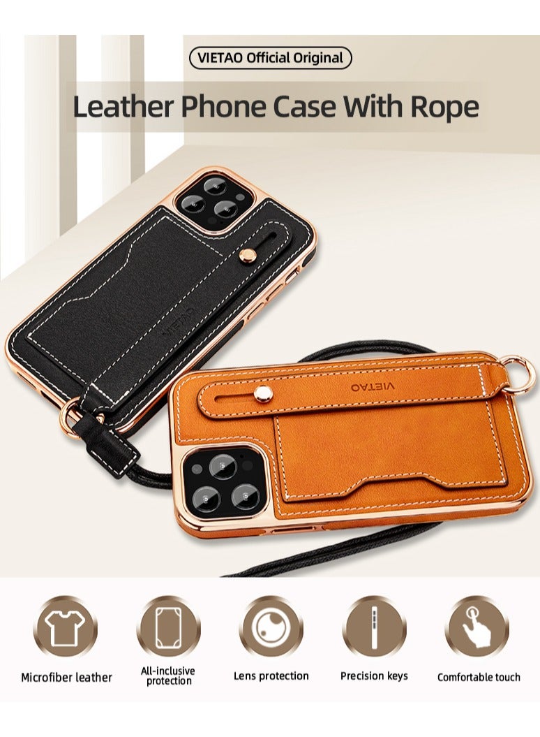 Color Fans Luxury Leather Hand Strap Card Slot Case Compatible with iPhone 12 Pro Max 6.7 inch with Shockproof Kickstand Lanyard Cover Black/Gold  - Image 2