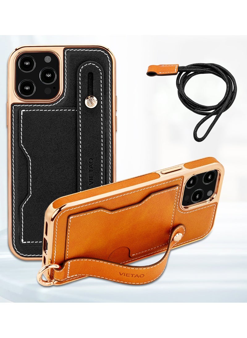 Color Fans Luxury Leather Hand Strap Card Slot Case Compatible with iPhone 12 Pro Max 6.7 inch with Shockproof Kickstand Lanyard Cover Black/Gold  - Image 3