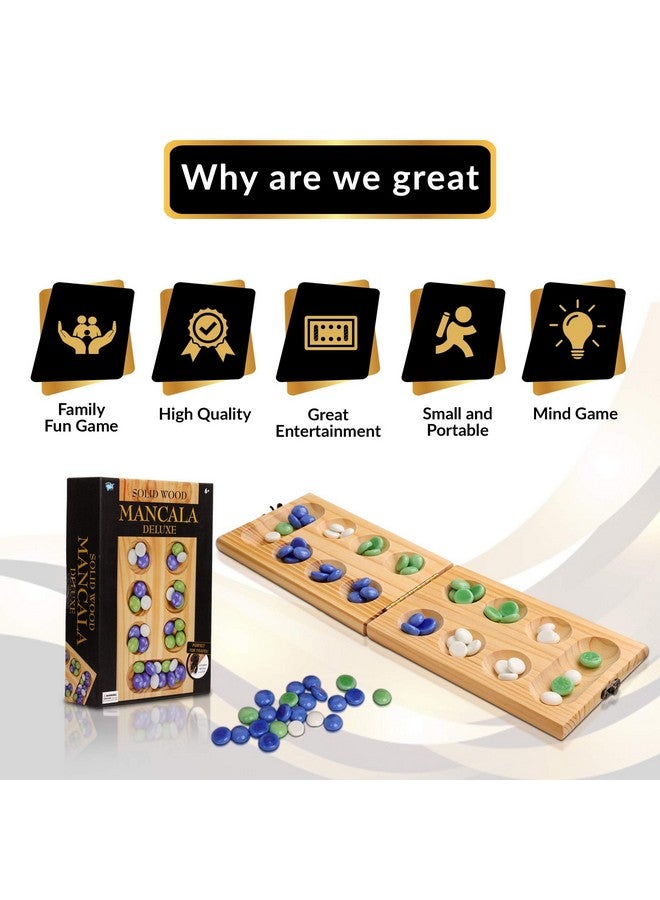 Point Games Solid Pine Mancala - Folding Board Game with Blue, Green, White Marbles- Portable Strategy Travel Game - Recommended Ages 6+ - Image 3