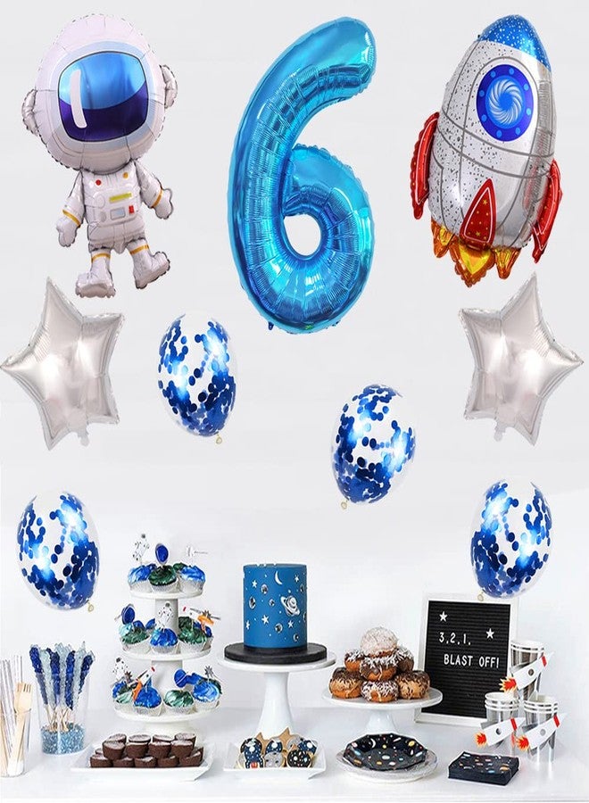 Kawailay Astronaut Rocket 6th Birthday Party Balloons Jumbo Spaceman Birthday Balloons Outer Space Theme Foil Balloons 32 Inch Blue Number 6 Helium Balloon for Birthday Party - Image 4