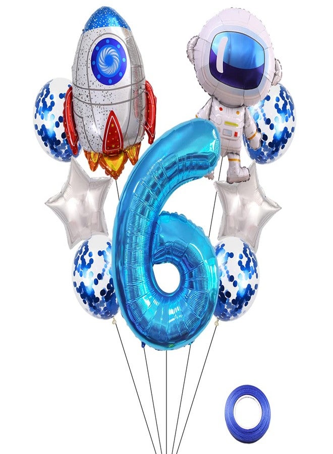 Kawailay Astronaut Rocket 6th Birthday Party Balloons Jumbo Spaceman Birthday Balloons Outer Space Theme Foil Balloons 32 Inch Blue Number 6 Helium Balloon for Birthday Party - Image 1