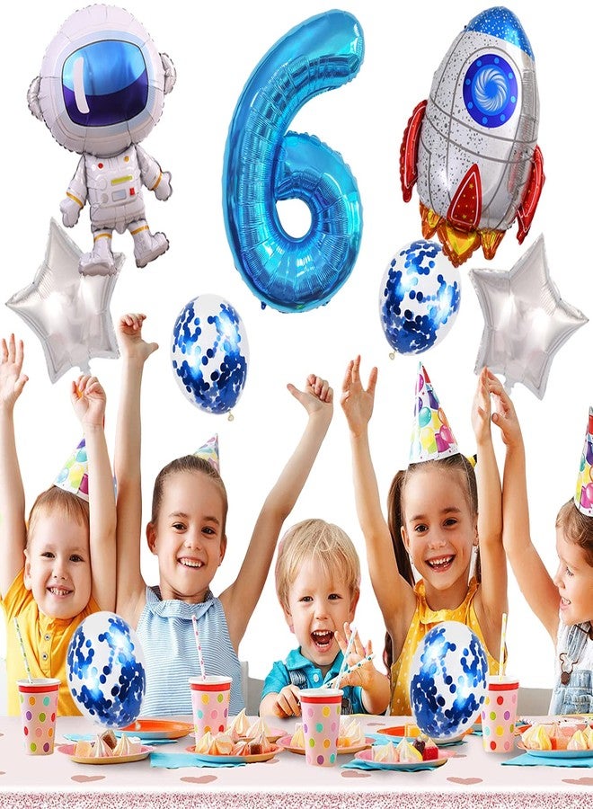 Kawailay Astronaut Rocket 6th Birthday Party Balloons Jumbo Spaceman Birthday Balloons Outer Space Theme Foil Balloons 32 Inch Blue Number 6 Helium Balloon for Birthday Party - Image 3
