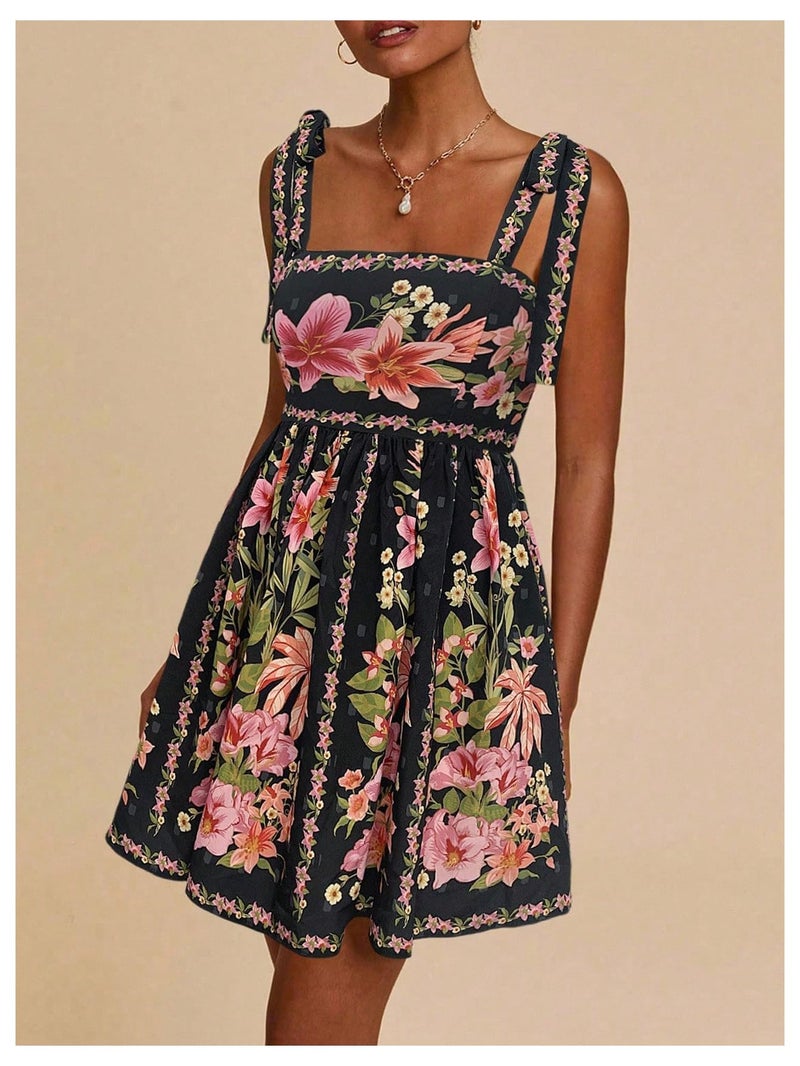 OYOANGLE Women's Floral Sleeveless Boho Beach Dress Tie Shoulder Summer Short Dress Flowy A Line Vacation Sundress Black Small - Image 5