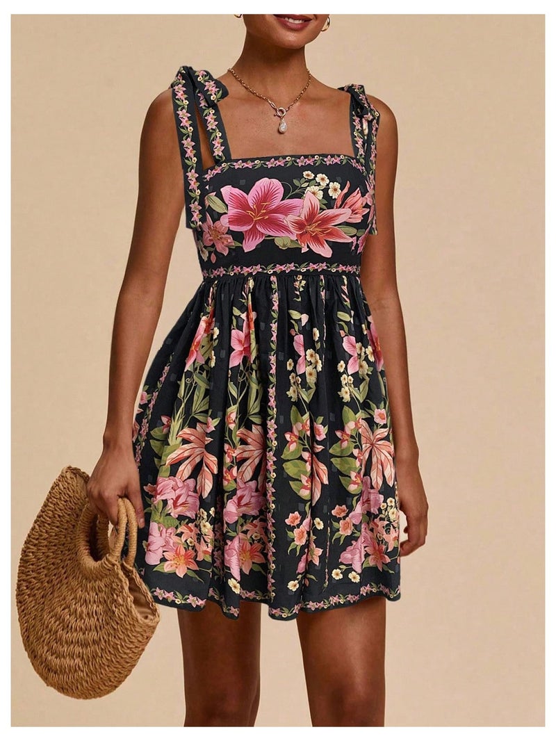 OYOANGLE Women's Floral Sleeveless Boho Beach Dress Tie Shoulder Summer Short Dress Flowy A Line Vacation Sundress Black Small - Image 2