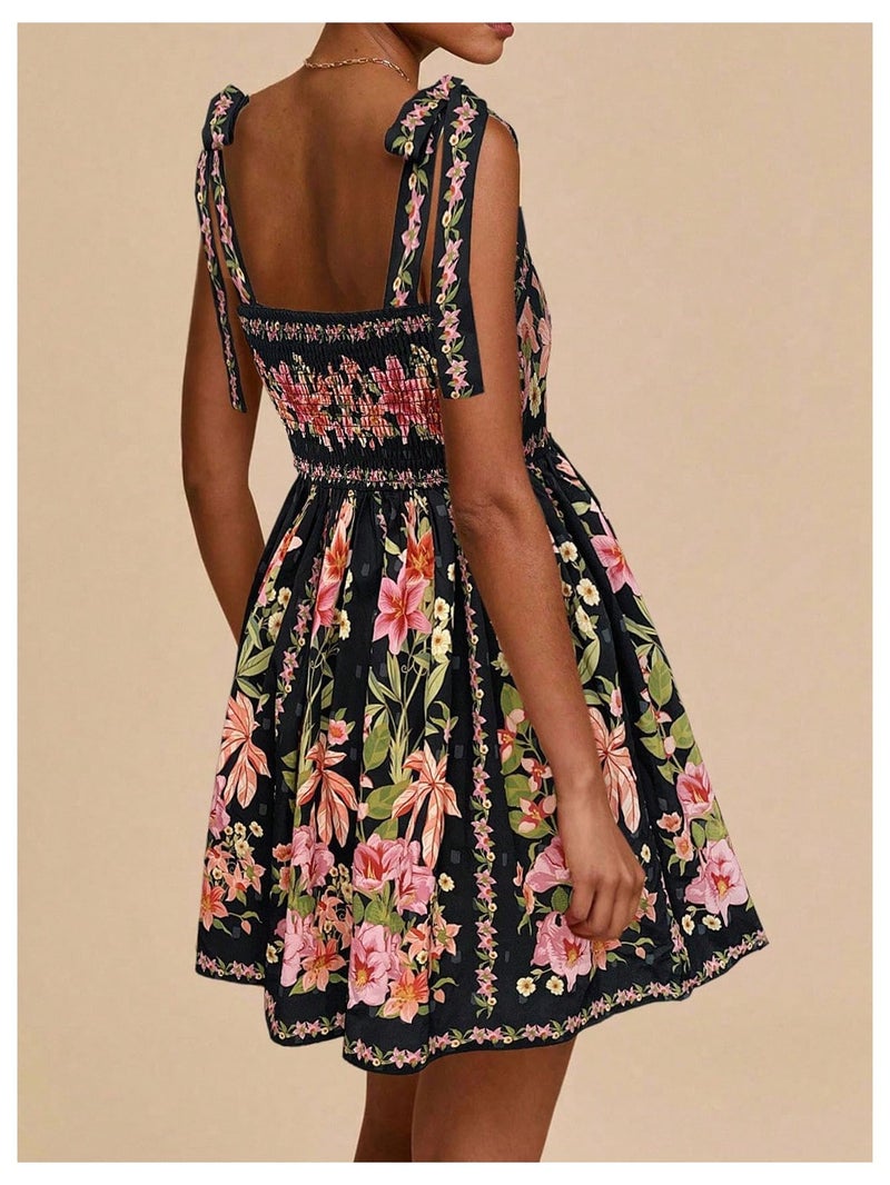 OYOANGLE Women's Floral Sleeveless Boho Beach Dress Tie Shoulder Summer Short Dress Flowy A Line Vacation Sundress Black Small - Image 4