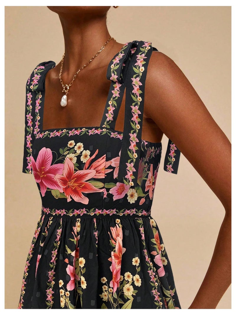 OYOANGLE Women's Floral Sleeveless Boho Beach Dress Tie Shoulder Summer Short Dress Flowy A Line Vacation Sundress Black Small - Image 3