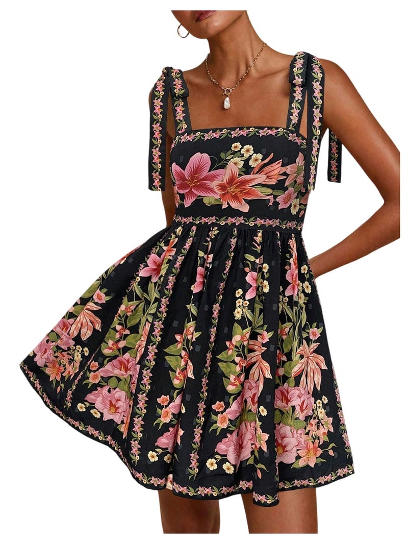 OYOANGLE Women's Floral Sleeveless Boho Beach Dress Tie Shoulder Summer Short Dress Flowy A Line Vacation Sundress Black Small - Image 1