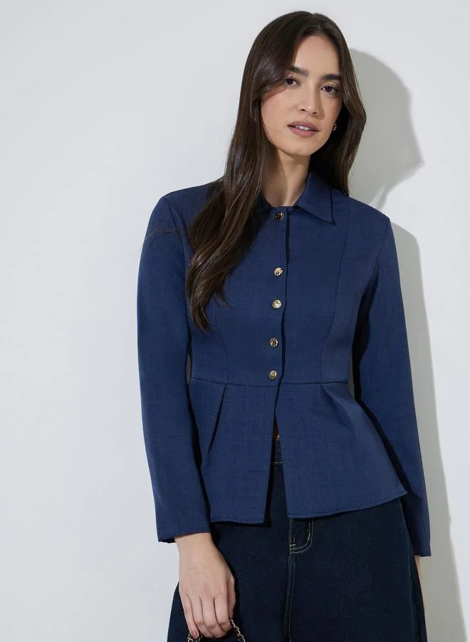 Styli Navy Blue Peplum Shirt with Button Detail