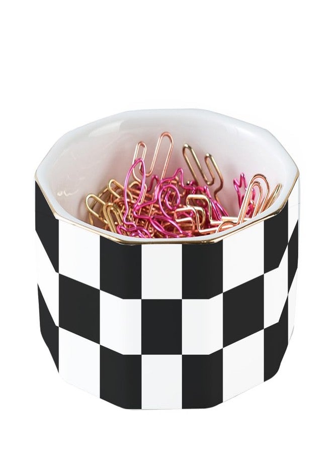 YOSCO Paper Clip Holder Ceramic Checkered Paper Clip Dispenser for Desk Paper Clip Organizer Office Binder Clip Holder (Black-01) - Image 1