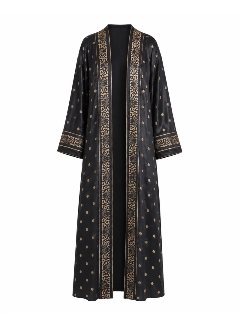 Amnad International Royal Arabesque Silk Abaya with Matching Chiffon Hijab, Black & Antique Gold, Open Front, Sizes 52-60 inches