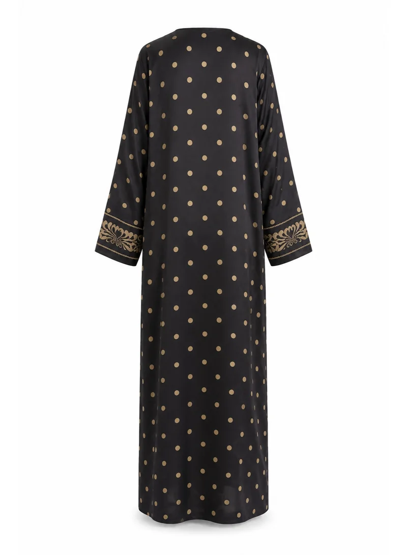 Amnad International Royal Arabesque Silk Abaya with Matching Chiffon Hijab, Black & Antique Gold, Open Front, Sizes 52-60 inches