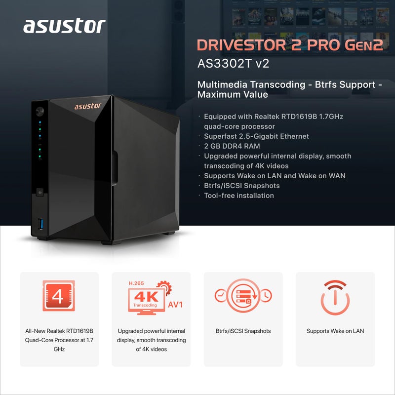 asustor Asustor Drivestor 2 Pro Gen2 AS3302T v2, 2 Bay NAS Enclosure Network Storage, 1.7GHz Quad-Core, 2.5GbE Port, 2GB RAM DDR4, Network Attached Storage for Cloud Storage (Diskless) - Image 2
