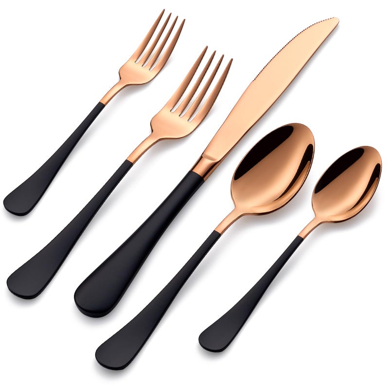 DINYWOW 20-Pieces Rose Gold and Black Silverware Sets for 4,Black Handle Stainless Steel Cutlery Set, Include Forks Spoons and Knives Set, Dishwasher Safe Utensil Sets for Home Restaurant - Image 1