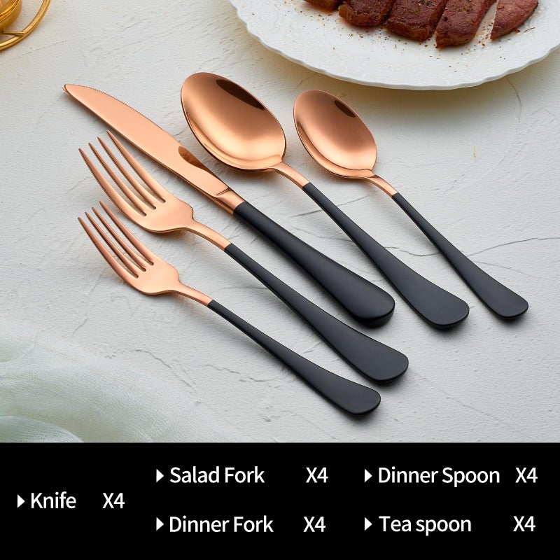 DINYWOW 20-Pieces Rose Gold and Black Silverware Sets for 4,Black Handle Stainless Steel Cutlery Set, Include Forks Spoons and Knives Set, Dishwasher Safe Utensil Sets for Home Restaurant - Image 3