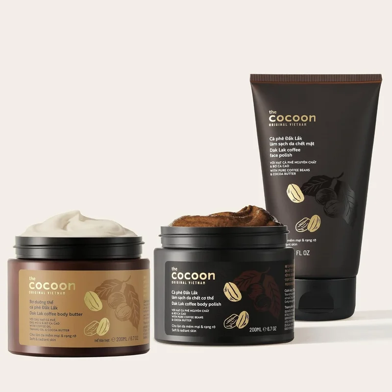 Cocoon Dak Lak Face Polish, Body Polish and Body Butter Set 100% Vegan Exfoliating Scrub for Smooth & Glowing Skins