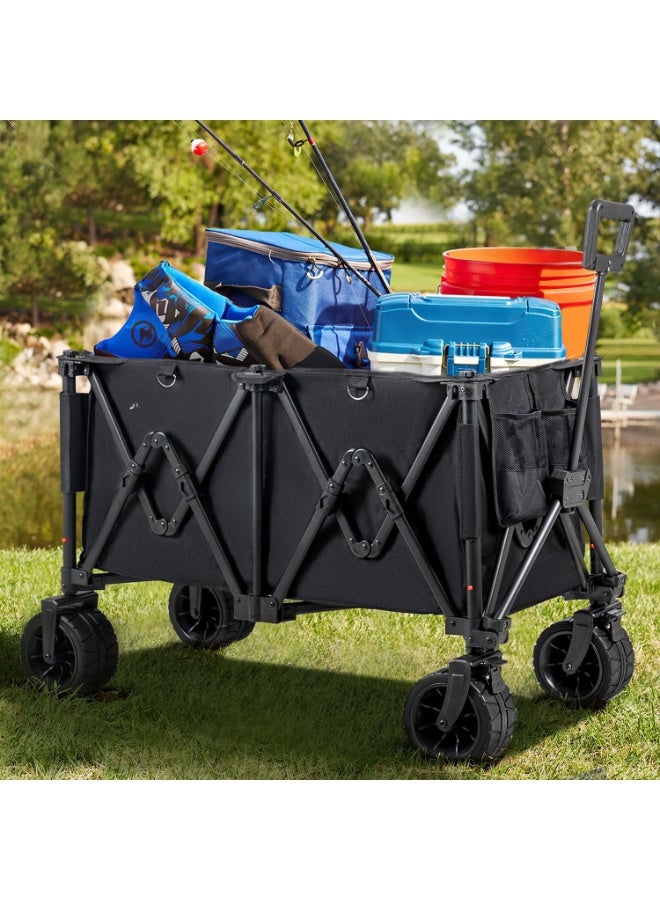Folding Wagon Cart with Big Wheels  190L Large Capacity & 150KG Load  Adjustable Handle Collapsible Outdoor Garden & Camping Trolley (Black) - Image 2