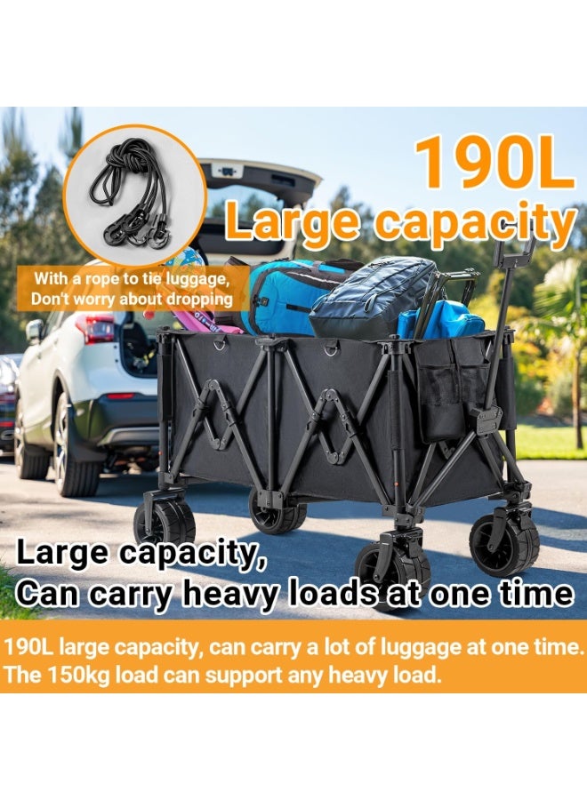 Folding Wagon Cart with Big Wheels  190L Large Capacity & 150KG Load  Adjustable Handle Collapsible Outdoor Garden & Camping Trolley (Black) - Image 3