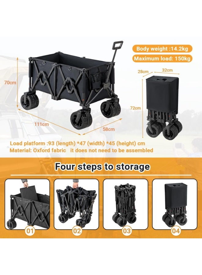Folding Wagon Cart with Big Wheels  190L Large Capacity & 150KG Load  Adjustable Handle Collapsible Outdoor Garden & Camping Trolley (Black) - Image 4