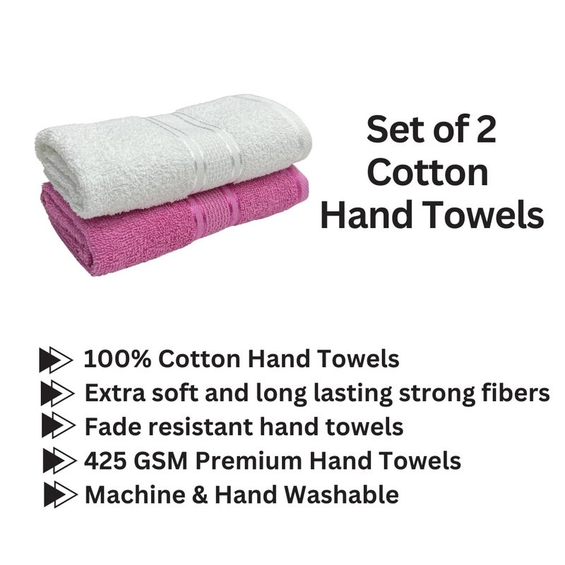 STAMIO Cotton 425 GSM Hand Towel Set of 2, 40 X 60 cm for Men, Women, Home, Gym, Wash Basin | Soft, Absorbent, Quick Dry, Full Size | Silky Border, White and Baby Pink - Image 2